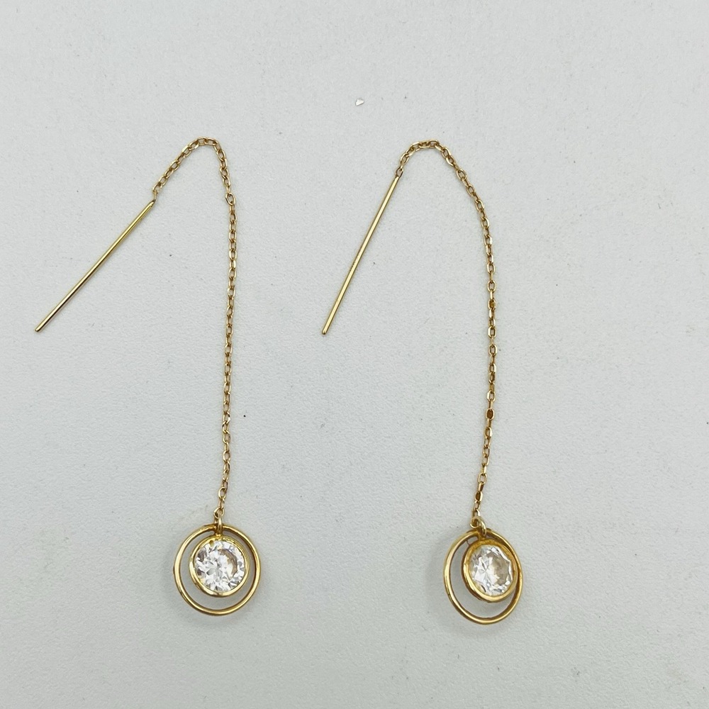 VTG 14K Yellow Gold Threader Earrings Long CZ Crystal Hoop Dangle 3" JCM 1.23g